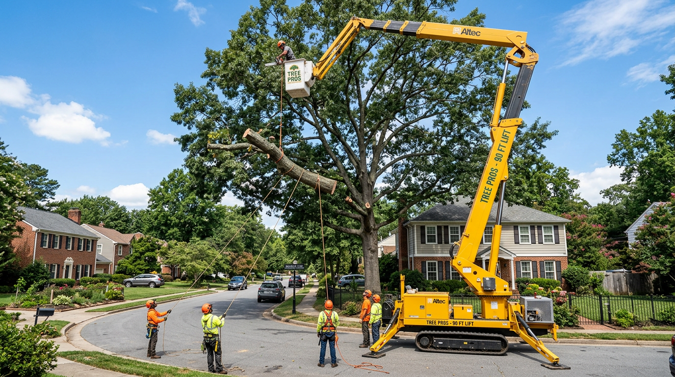 Bucket truck crane removing a large tree