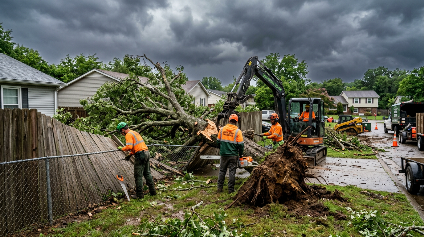 Storm damage tree removal crew on site