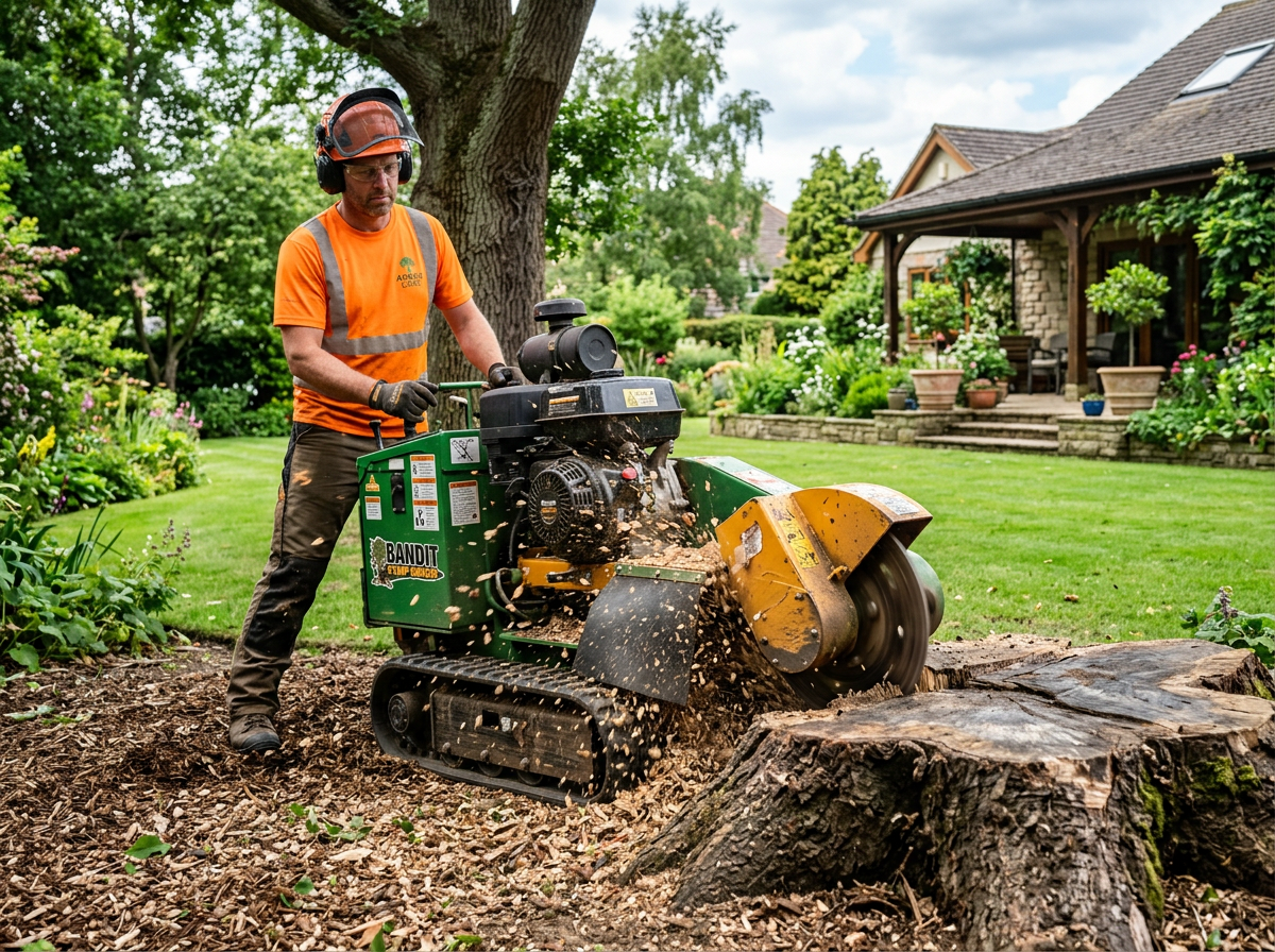 Stump grinding operation in residential yard